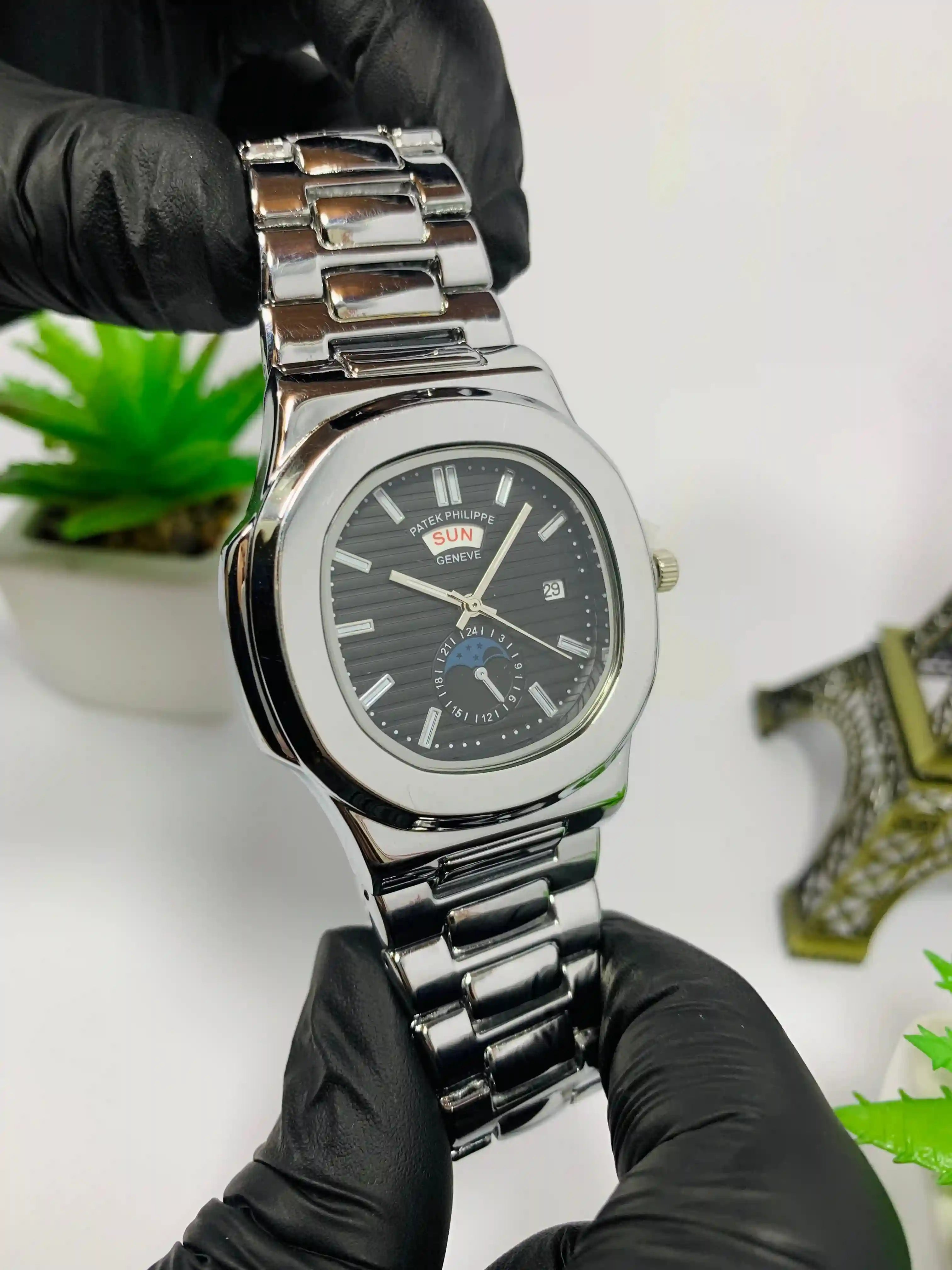 Patek Phillipe Silver Black Day And Date