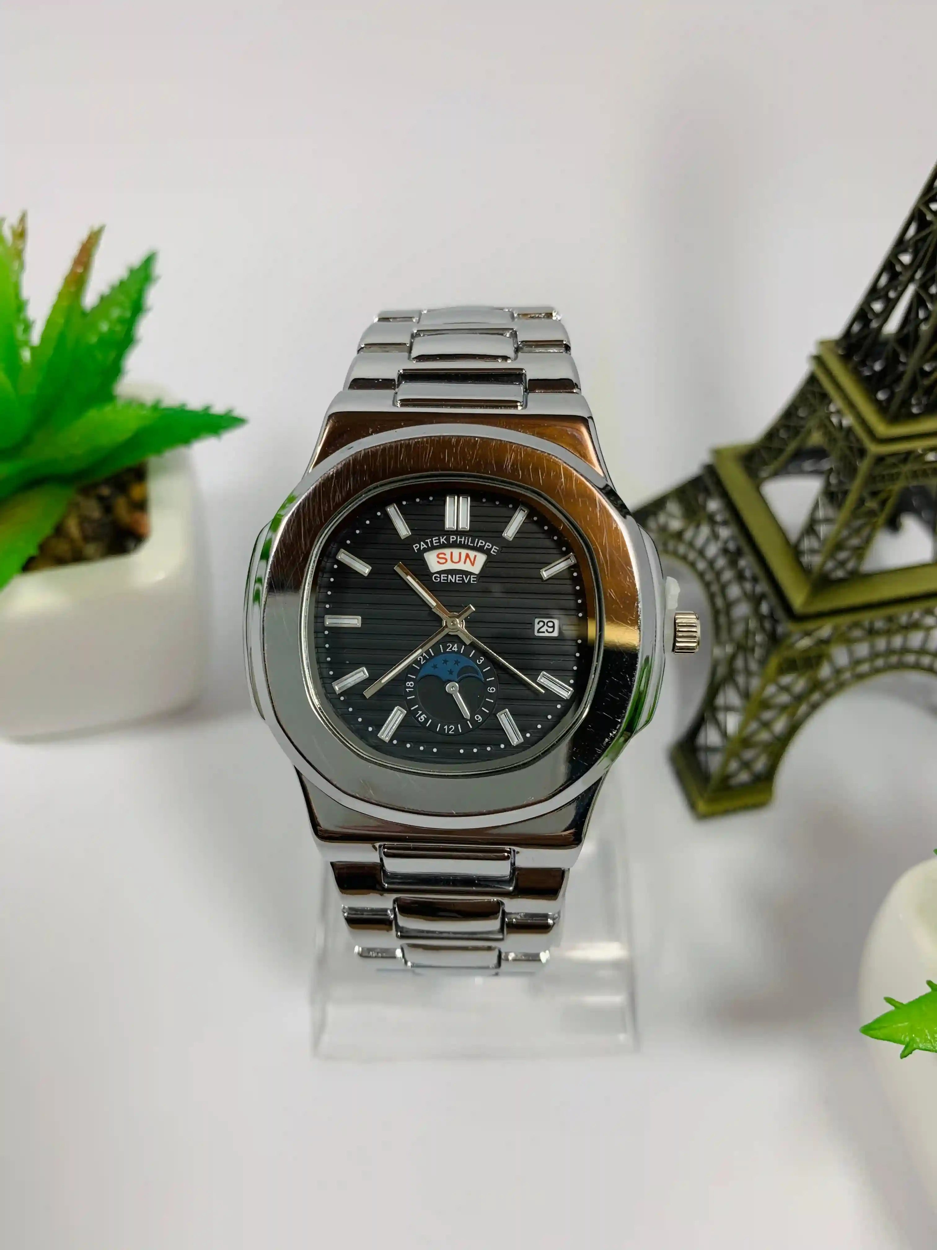 Patek Phillipe Silver Black Day And Date